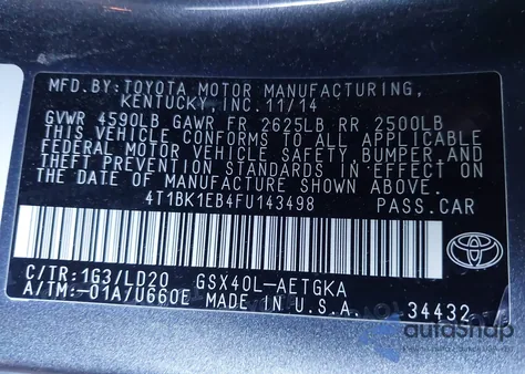 2015 Toyota Avalon Xle z USA, uszkodzony, nr VIN 4T1BK1EB4FU143498